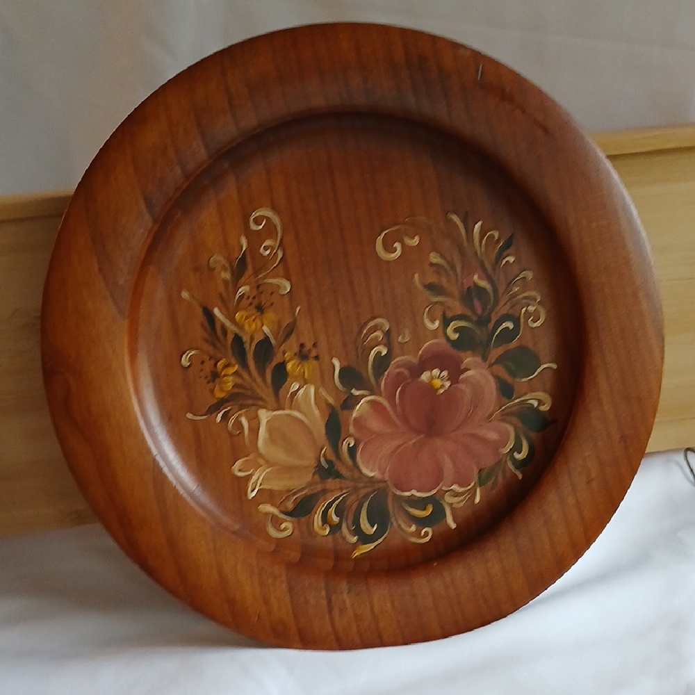 Vintage German Hand-painted Floral Wooden Plate
